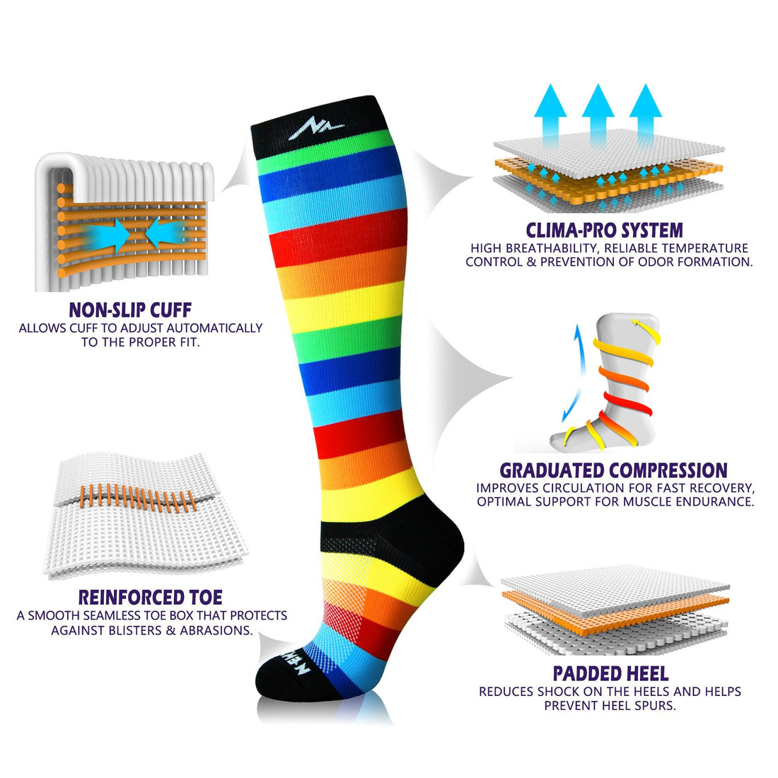 Newzill knee-high swag compression socks white with rainbow stripes pride